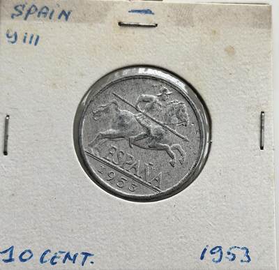外国优质老铜币纪念币银币专场，周六晚上九点倒数截拍，满百包邮，节前出差在外，5月3日统一发货,可寄存半年，喜欢朋友微信扫描二维码可直接参拍 欧洲老藏家币藏-西班牙佛朗哥独裁时期 1953年堂吉诃德骑士10 分，以堂吉诃德骑士形象为主题，是战后恢复阶段流通的低面值辅币。