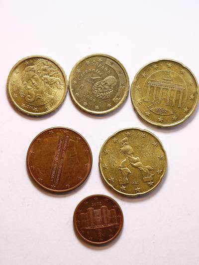 观钱 近现代机制币拍卖No.010（全场顺丰包邮，不区分偏远地区，本场5月5日开始发货）  欧元流通辅币一组（6 枚，多国版别）