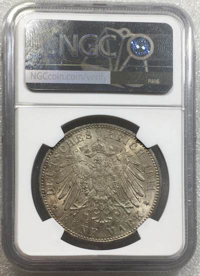 世界钱币专场拍卖 每周二开拍 NGC MS62分1911年德国巴伐利亚柳特波德90大寿5马克银币