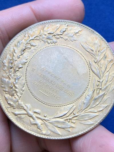 《竞宝斋》第485场 周日，周一，周二 3场连拍 （全场包邮）20级店铺 欢迎送拍 法国由奥恩省议员班萨尔·德布瓦先生赠送的镀金银章，65.1g，50.1mm，丰饶角边铭