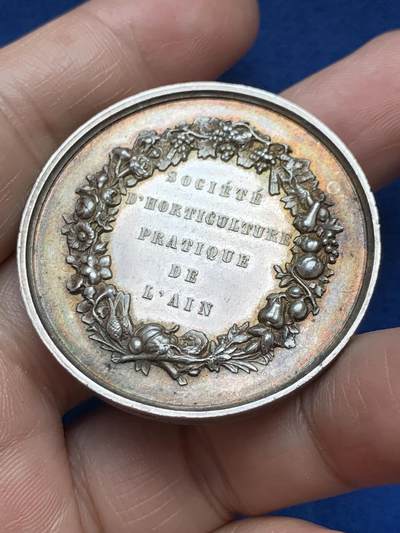 《竞宝斋》第485场 周日，周一，周二 3场连拍 （全场包邮）20级店铺 欢迎送拍 法国艾因省园艺协会银章，36.50g，41.5mm，蜜蜂边铭