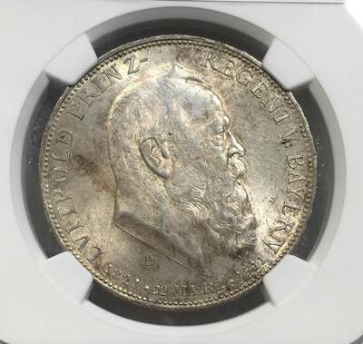 世界钱币专场拍卖 每周二开拍 NGC MS62分1911年德国巴伐利亚柳特波德90大寿5马克银币