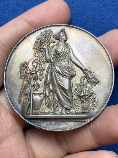 《竞宝斋》第485场 周日，周一，周二 3场连拍 （全场包邮）20级店铺 欢迎送拍 法国特鲁瓦园艺协会银章，高浮雕，65.4g，50.1mm，丰饶角边铭