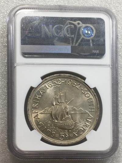 世界钱币专场拍卖 每周二开拍 NGC MS62分1952年英属南非乔治六世开普敦300周年5先令银币