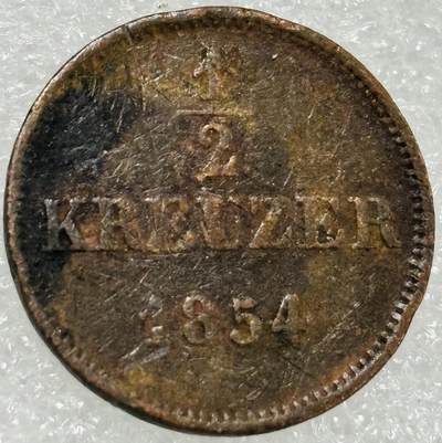 文馨钱币收藏第 302 场，国外回流老铜币，中东阿拉伯地区，拉美等国货币，30 号 1 号二连拍，长期接代拍业务，预计 4 月 4-5 号发货 德国巴伐利亚1854 年1/2 克鲁泽