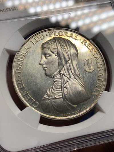 《竞宝斋》第485场 周日，周一，周二 3场连拍 （全场包邮）20级店铺 欢迎送拍 NGC MS63 法国图卢兹花卉节银质代币，女诗人克莱门-伊索尔