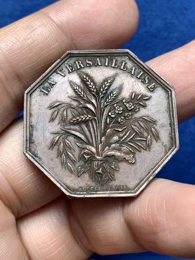 《竞宝斋》第485场 周日，周一，周二 3场连拍 （全场包邮）20级店铺 欢迎送拍 法国凡尔赛冰雹保险公司八角铜质代币，19.25g，34.8mm，蜜蜂边铭