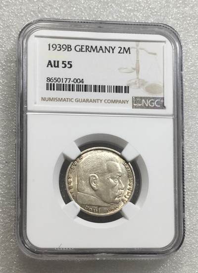 世界钱币专场拍卖 每周二开拍 NGC AU55分1939年德国兴登堡万字2马克银币