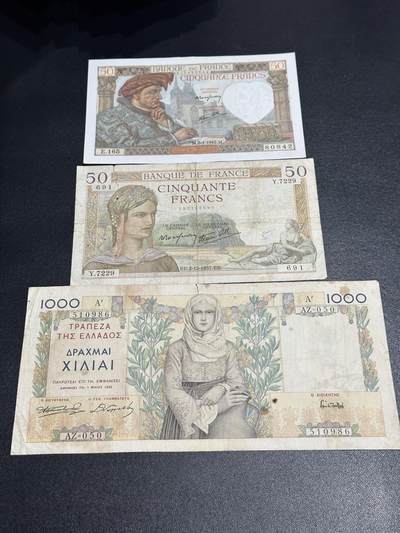 《外钞收藏家》第六百三十一期（五一假期场）（长期征集拍品、欢迎藏友们联系合作） 法郎3张一起 2张有破 1张近新 品相如图