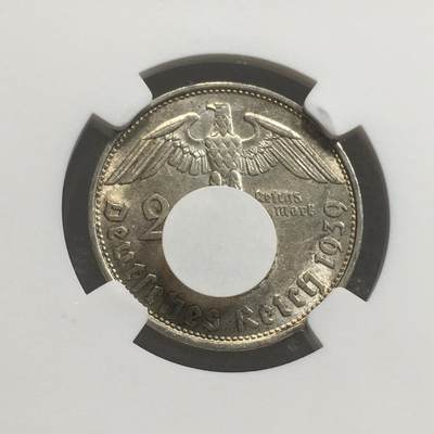 世界钱币专场拍卖 每周二开拍 NGC AU55分1939年德国兴登堡万字2马克银币