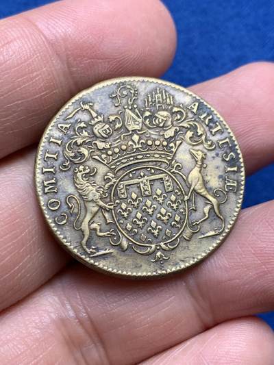 《竞宝斋》第485场 周日，周一，周二 3场连拍 （全场包邮）20级店铺 欢迎送拍 法国路易十五头像阿瓦图州铜质代币，9.31g，30.7mm