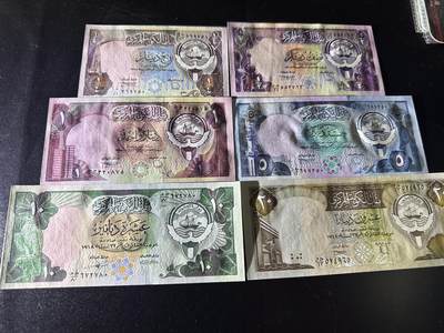 《外钞收藏家》第六百三十一期（五一假期场）（长期征集拍品、欢迎藏友们联系合作） 科威特1/4-20第纳尔 六张一起 全新UNC 尾5