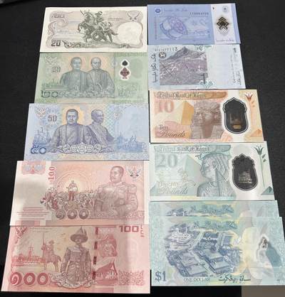 《外钞收藏家》第六百三十一期（五一假期场）（长期征集拍品、欢迎藏友们联系合作） 泰国5张+马来西亚2张+文莱2张+埃及2张一起 全新UNC