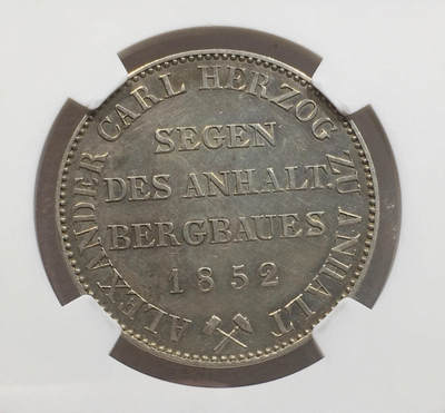 世界钱币专场拍卖 每周二开拍 加重版NGC AU 1852年德国小熊爬墙1泰勒银币