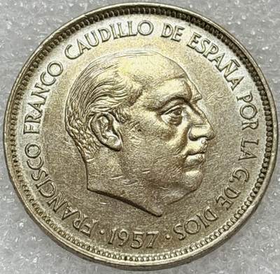 文馨钱币收藏第 302 场，国外回流老铜币，中东阿拉伯地区，拉美等国货币，30 号 1 号二连拍，长期接代拍业务，预计 4 月 4-5 号发货 带光好品 1957 年西班牙佛朗哥 25 比塞塔