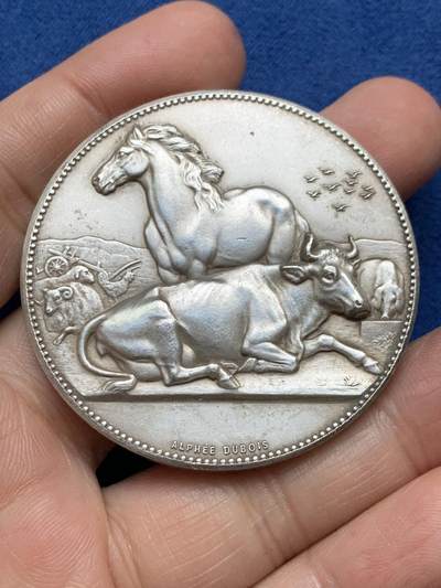 《竞宝斋》第485场 周日，周一，周二 3场连拍 （全场包邮）20级店铺 欢迎送拍 法国A.Dubois穆兰拉马尔什农业协会银章，66.4g，50mm，丰饶角边铭
