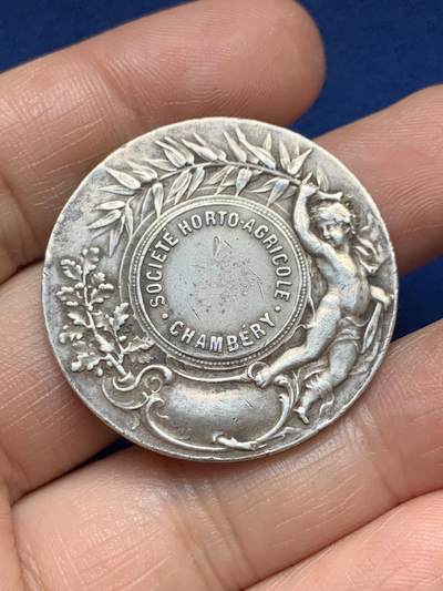 《竞宝斋》第485场 周日，周一，周二 3场连拍 （全场包邮）20级店铺 欢迎送拍 法国尚贝里园艺协会纪念银章 20.25克 35.5mm 丰饶角银标