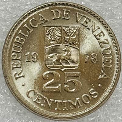 文馨钱币收藏第 302 场，国外回流老铜币，中东阿拉伯地区，拉美等国货币，30 号 1 号二连拍，长期接代拍业务，预计 4 月 4-5 号发货 原光品相 1978 年委内瑞拉 25 分