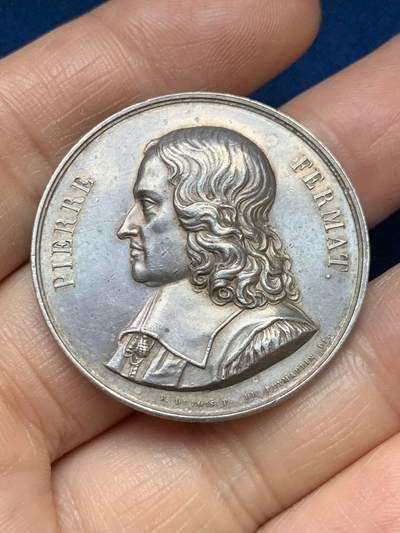 《竞宝斋》第485场 周日，周一，周二 3场连拍 （全场包邮）20级店铺 欢迎送拍 法国图卢兹科学院数学院皮埃尔-费马纪念银章 13.25克 35.6mm 丰饶角银标