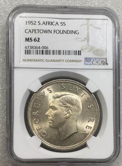 世界钱币专场拍卖 每周二开拍 NGC MS62分1952年英属南非乔治六世开普敦300周年5先令银币