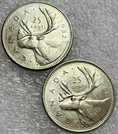 文馨钱币收藏第 302 场，国外回流老铜币，中东阿拉伯地区，拉美等国货币，30 号 1 号二连拍，长期接代拍业务，预计 4 月 4-5 号发货 1981-82 年加拿大驯鹿 25 分一对