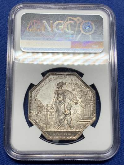 《竞宝斋》第485场 周日，周一，周二 3场连拍 （全场包邮）20级店铺 欢迎送拍 NGC MS63 法国路易十八头像综合保险公司八角银质代币，带珠圈早期无边铭版本