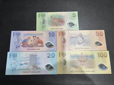 《外钞收藏家》第六百三十一期（五一假期场）（长期征集拍品、欢迎藏友们联系合作） 斐济塑料钞5-100元 都是AA冠（5-50都是尾9、100无47尾8）全新UNC