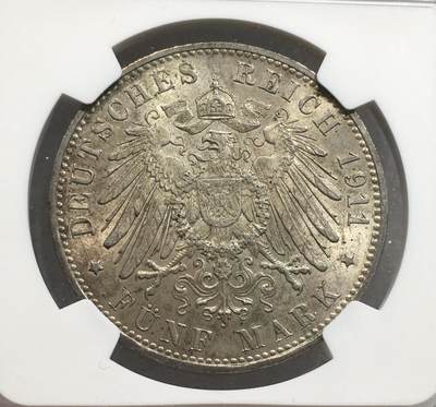 世界钱币专场拍卖 每周二开拍 NGC MS62分1911年德国巴伐利亚柳特波德90大寿5马克银币