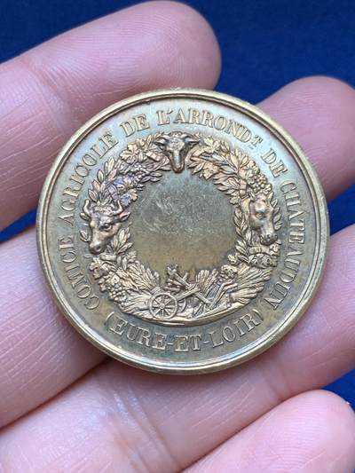 《竞宝斋》第485场 周日，周一，周二 3场连拍 （全场包邮）20级店铺 欢迎送拍 法国厄尔-卢瓦尔省沙托丹农业协会镀金银章，22.75g，36.2mm，丰饶角边铭