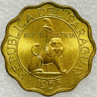 文馨钱币收藏第 302 场，国外回流老铜币，中东阿拉伯地区，拉美等国货币，30 号 1 号二连拍，长期接代拍业务，预计 4 月 4-5 号发货 原铜光品相 1953 年巴拉圭自由帽狮子王 15 分铜币，独年份