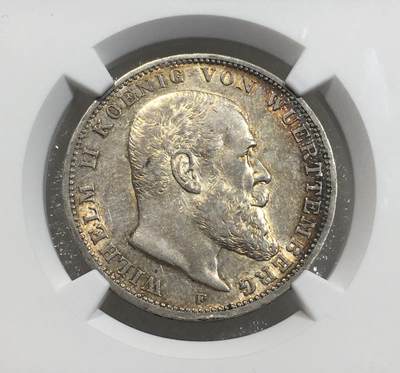 世界钱币专场拍卖 每周二开拍 NGC AU55分1911年德国符腾堡威廉二世3马克银币