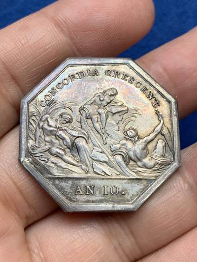 《竞宝斋》第485场 周日，周一，周二 3场连拍 （全场包邮）20级店铺 欢迎送拍 法国八角银章，布里亚运河，三河神，16.78g，34.1mm，早期无边铭