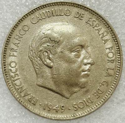 文馨钱币收藏第 302 场，国外回流老铜币，中东阿拉伯地区，拉美等国货币，30 号 1 号二连拍，长期接代拍业务，预计 4 月 4-5 号发货 少见原光好品1949年西班牙佛朗哥版 5 比塞塔大镍币 32mm 首发版