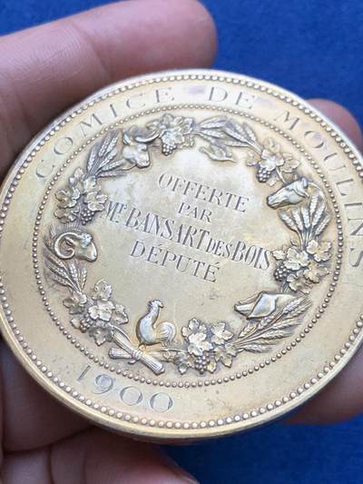 《竞宝斋》第485场 周日，周一，周二 3场连拍 （全场包邮）20级店铺 欢迎送拍 法国穆兰农业协会镀金银章，88.65g，57.2mm，丰饶角边铭