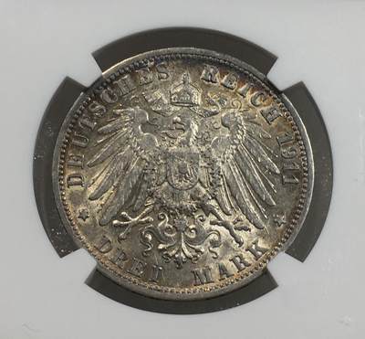 世界钱币专场拍卖 每周二开拍 NGC AU55分1911年德国符腾堡威廉二世3马克银币