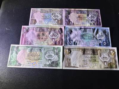 《外钞收藏家》第六百三十一期（五一假期场）（长期征集拍品、欢迎藏友们联系合作） 科威特1/4-20第纳尔 六张一起 全新UNC 尾1