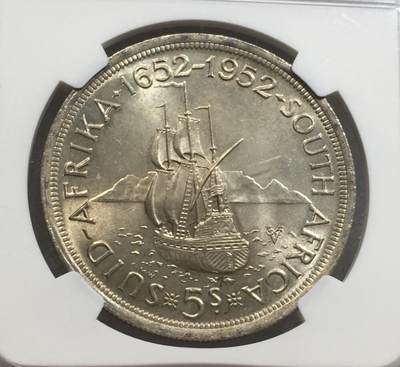 世界钱币专场拍卖 每周二开拍 NGC MS62分1952年英属南非乔治六世开普敦300周年5先令银币