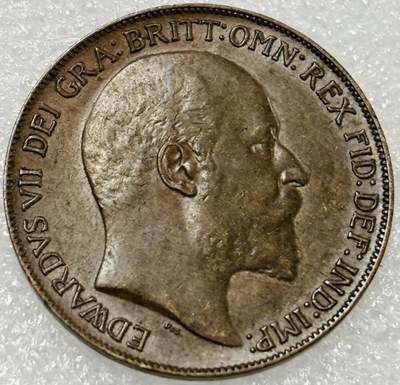 文馨钱币收藏第 302 场，国外回流老铜币，中东阿拉伯地区，拉美等国货币，30 号 1 号二连拍，长期接代拍业务，预计 4 月 4-5 号发货 少见极美品 1909 年英国爱德华七世 1 便士大铜币，细节看图，所见皆是美品