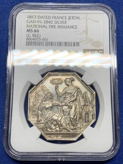 《竞宝斋》第485场 周日，周一，周二 3场连拍 （全场包邮）20级店铺 欢迎送拍 NGC MS66 法国人寿、火灾保险公司八角银质代币