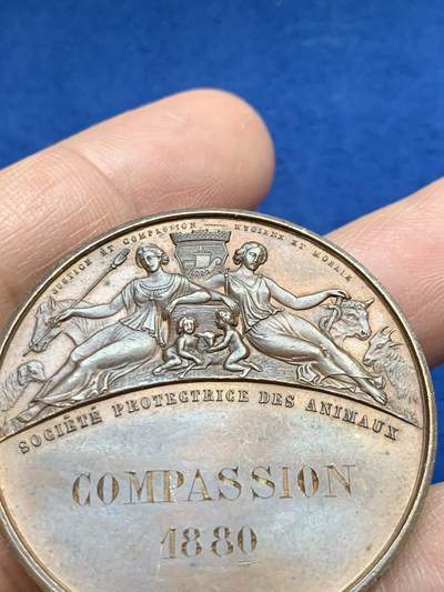 《竞宝斋》第485场 周日，周一，周二 3场连拍 （全场包邮）20级店铺 欢迎送拍 法国动物保护协会铜章，34.90g，41.3mm，烟斗边铭