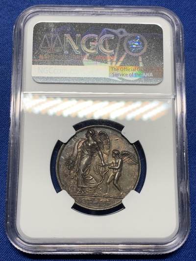 《竞宝斋》第485场 周日，周一，周二 3场连拍 （全场包邮）20级店铺 欢迎送拍 NGC MS62 法国双面神雅努斯婚姻爱情题材银质jeton，命运之神摩伊赖牵着丘比特：爱情被命运牵着，蒙住了眼睛