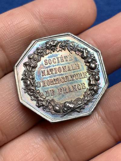 《竞宝斋》第485场 周日，周一，周二 3场连拍 （全场包邮）20级店铺 欢迎送拍 法国园艺协会八角银质代币，12.26g，28.5mm，丰饶角边铭