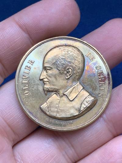 《竞宝斋》第485场 周日，周一，周二 3场连拍 （全场包邮）20级店铺 欢迎送拍 法国厄尔-卢瓦尔省沙托丹农业协会镀金银章，22.75g，36.2mm，丰饶角边铭