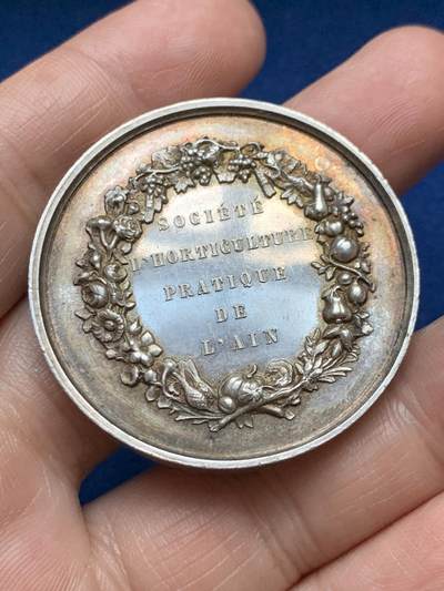《竞宝斋》第485场 周日，周一，周二 3场连拍 （全场包邮）20级店铺 欢迎送拍 法国艾因省园艺协会银章，36.50g，41.5mm，蜜蜂边铭
