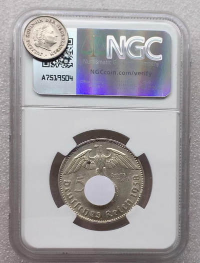 世界钱币专场拍卖 每周二开拍 NGC MS61分1938年德国兴登堡万字5马克银币