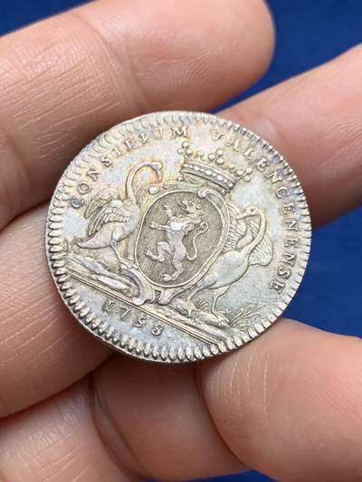 《竞宝斋》第485场 周日，周一，周二 3场连拍 （全场包邮）20级店铺 欢迎送拍 法国1758年瓦伦谢讷大会银质代币，8.80g，28.7mm