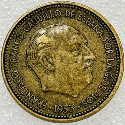 文馨钱币收藏第 302 场，国外回流老铜币，中东阿拉伯地区，拉美等国货币，30 号 1 号二连拍，长期接代拍业务，预计 4 月 4-5 号发货 少见 1953 年西班牙佛朗哥版 2.5 比塞塔黄铜币，首发年