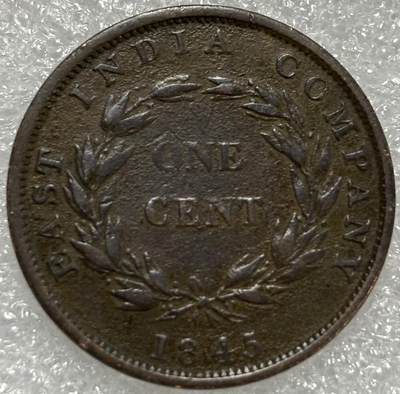 文馨钱币收藏第 302 场，国外回流老铜币，中东阿拉伯地区，拉美等国货币，30 号 1 号二连拍，长期接代拍业务，预计 4 月 4-5 号发货 稀少极美品 1845 年英属印度维多利亚 1 分铜币，高浮雕