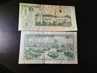 《外钞收藏家》第六百三十一期（五一假期场）（长期征集拍品、欢迎藏友们联系合作） 新加坡鸟版5元全新角不绝 轻微潮+花版5元全新荧光轻微不绝