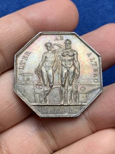 《竞宝斋》第485场 周日，周一，周二 3场连拍 （全场包邮）20级店铺 欢迎送拍 - 法国八角银章，路易十八头像波尔多石桥公司，大力神赫拉克勒斯与商业之神赫尔墨斯，19.45g，33mm，手指边铭